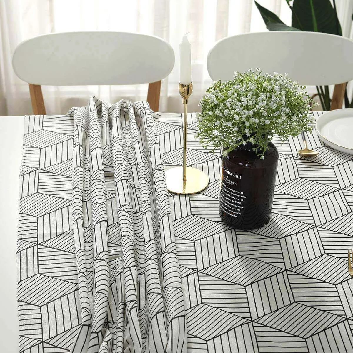 55"x55" Geometric Style Linen White Round Tablecloth