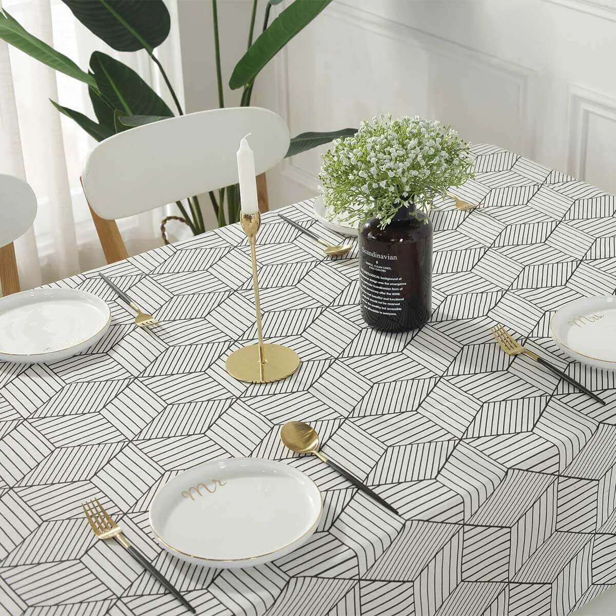 55"x55" Geometric Style Linen White Round Tablecloth