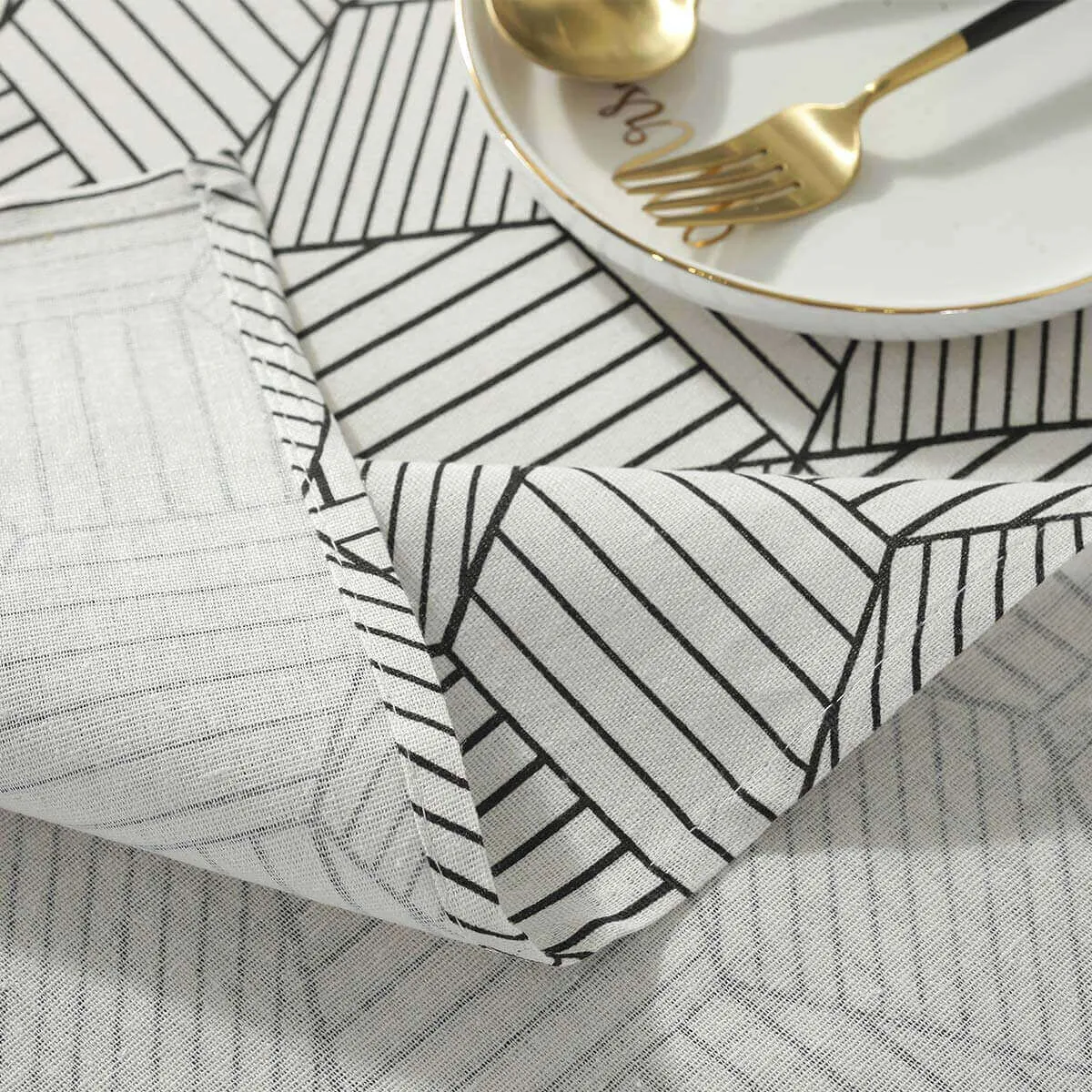 55"x55" Geometric Style Linen White Round Tablecloth