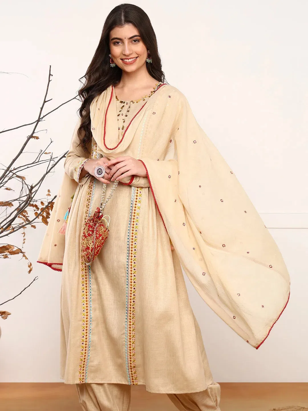 Ahika Women Beige Viscose Rayon Solid Embroidered A-Line Kurta Salwar With Dupatta-PKSKD2577
