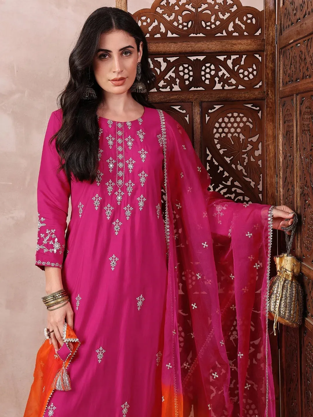 Ahika Women Pink Silk Blend Solid Embroidered Straight Kurta Trouser With Dupatta-PKSKD2618