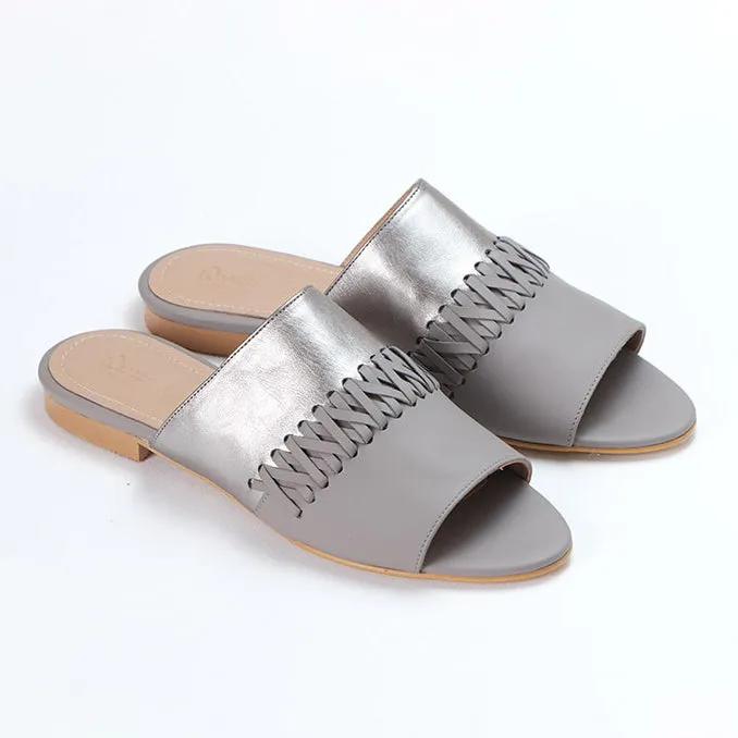 Bara Slide | Grey & Silver Calfskin Leather