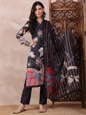Black Silk Blend Floral Print 3-Piece Kurta Set
