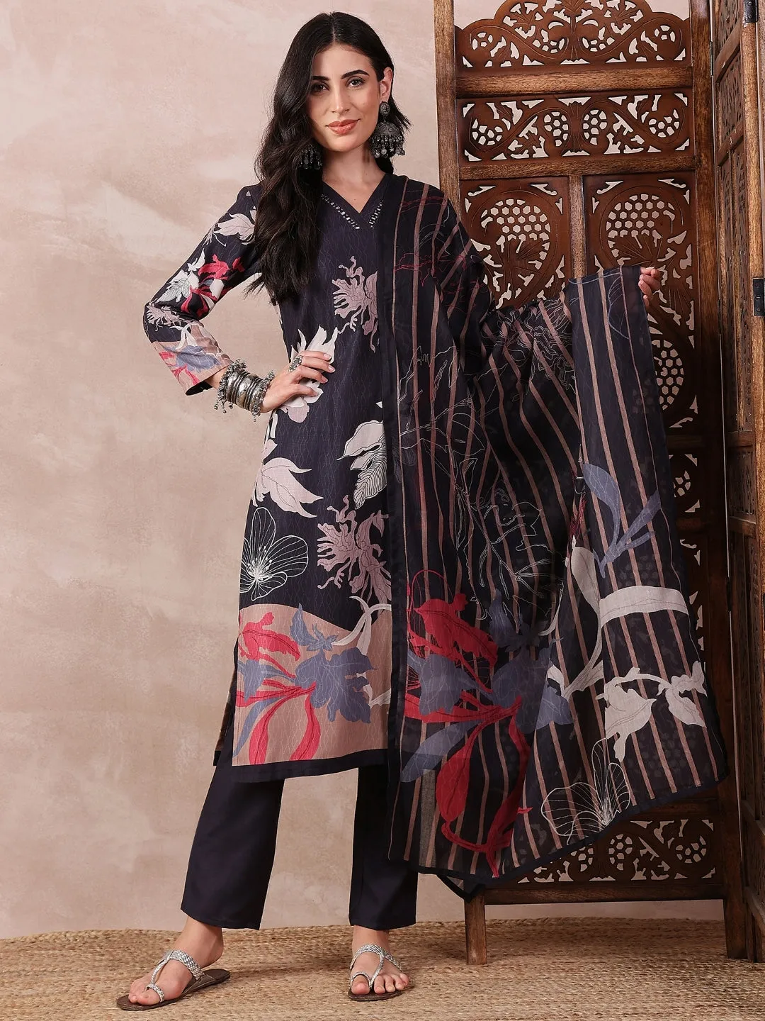Black Silk Blend Floral Print 3-Piece Kurta Set