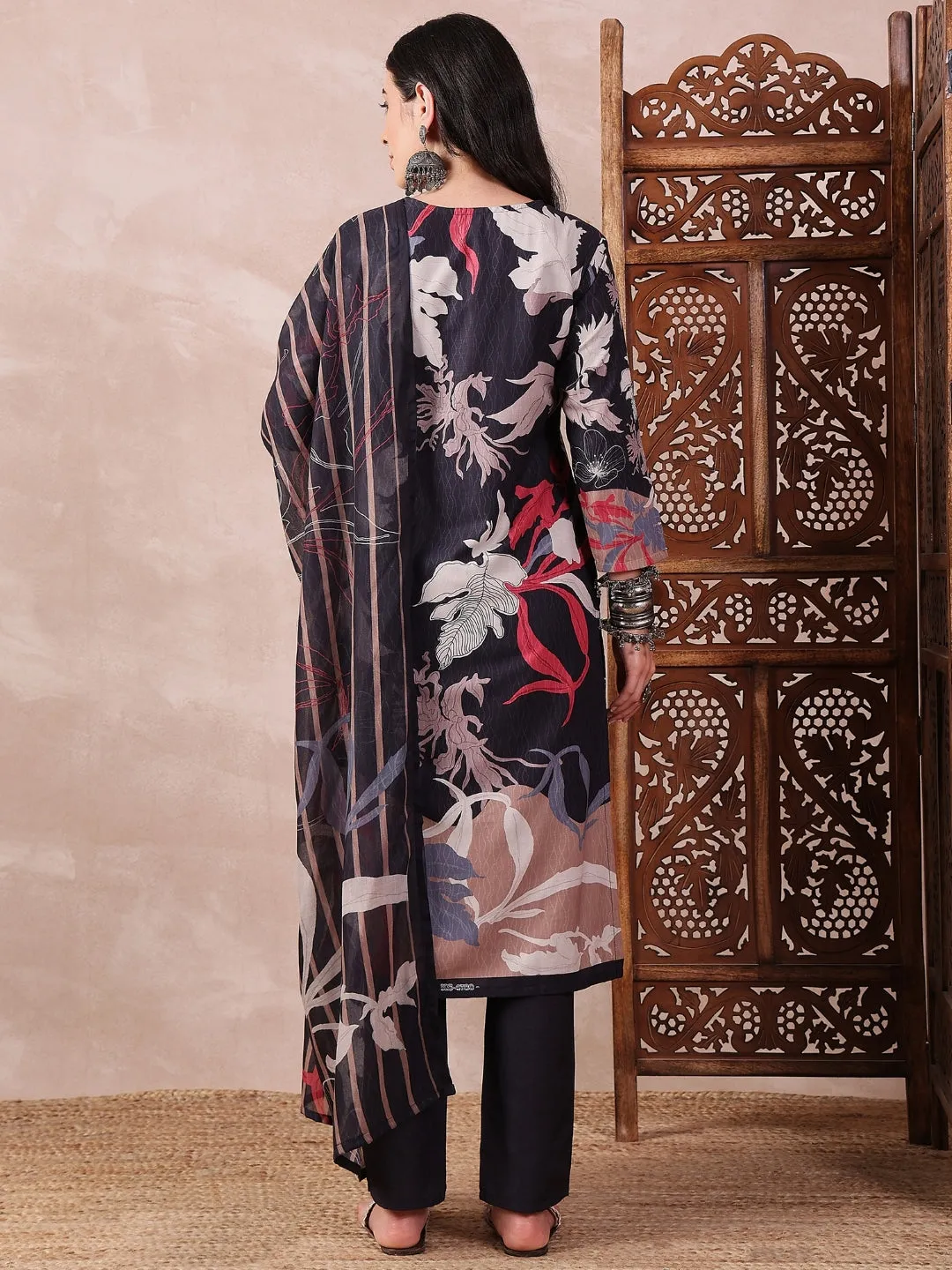 Black Silk Blend Floral Print 3-Piece Kurta Set