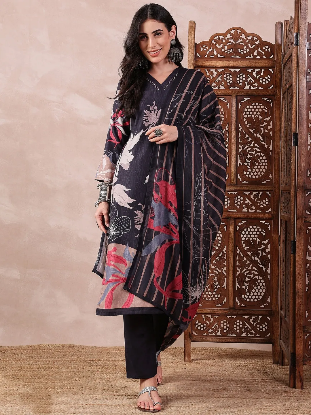 Black Silk Blend Floral Print 3-Piece Kurta Set