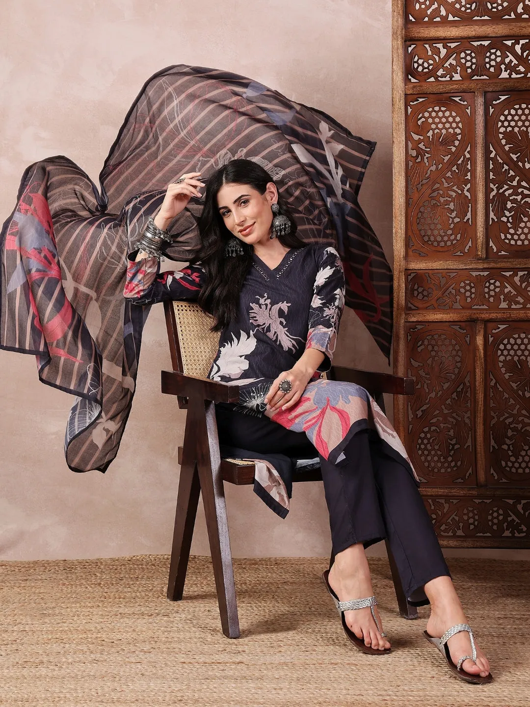 Black Silk Blend Floral Print 3-Piece Kurta Set