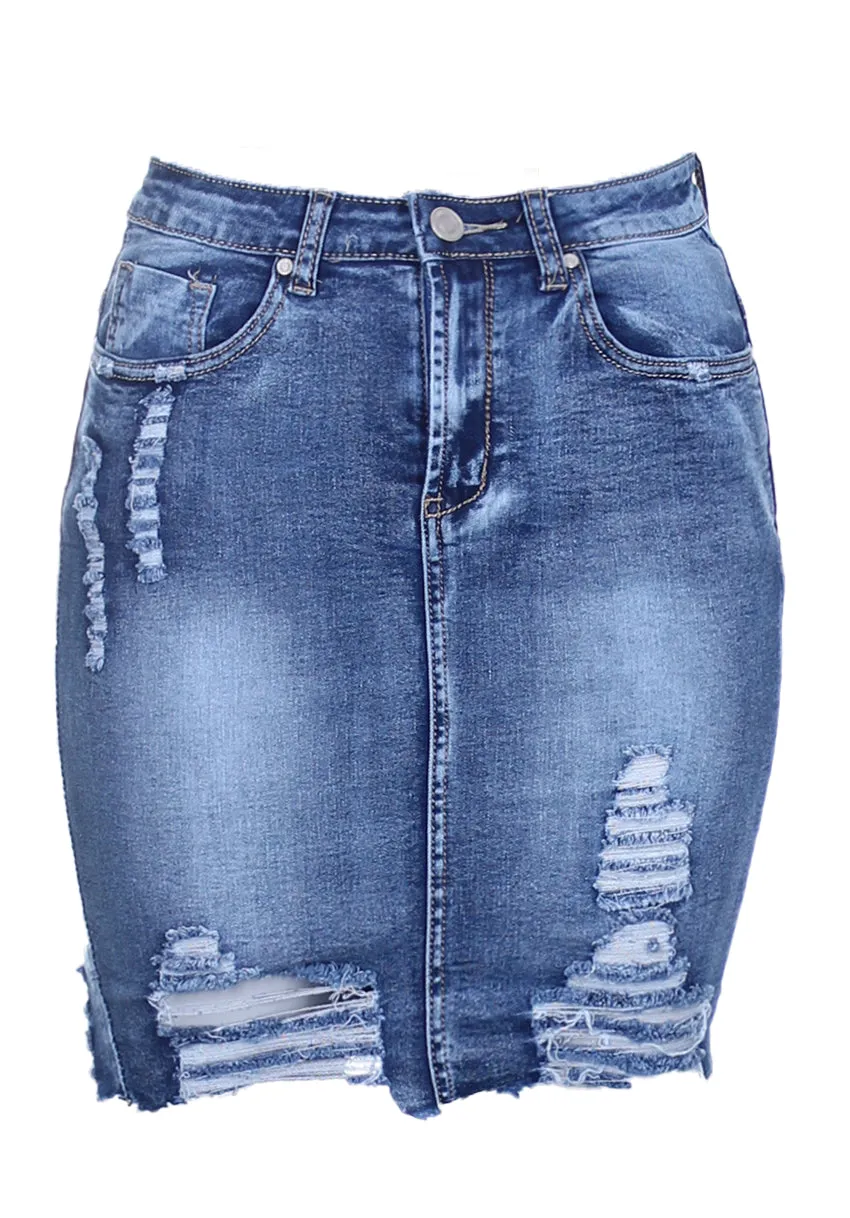 Blue Distressed Ripped Denim Skirt