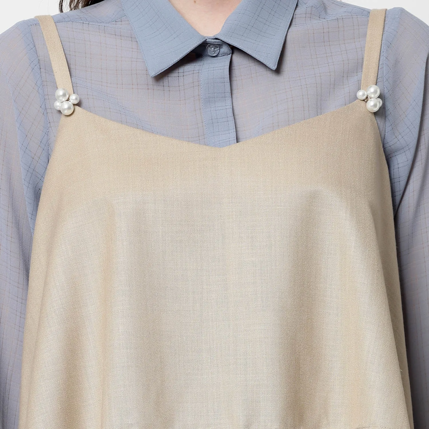 Blue Georgette Shirt With Pearl Embroidered Shrug