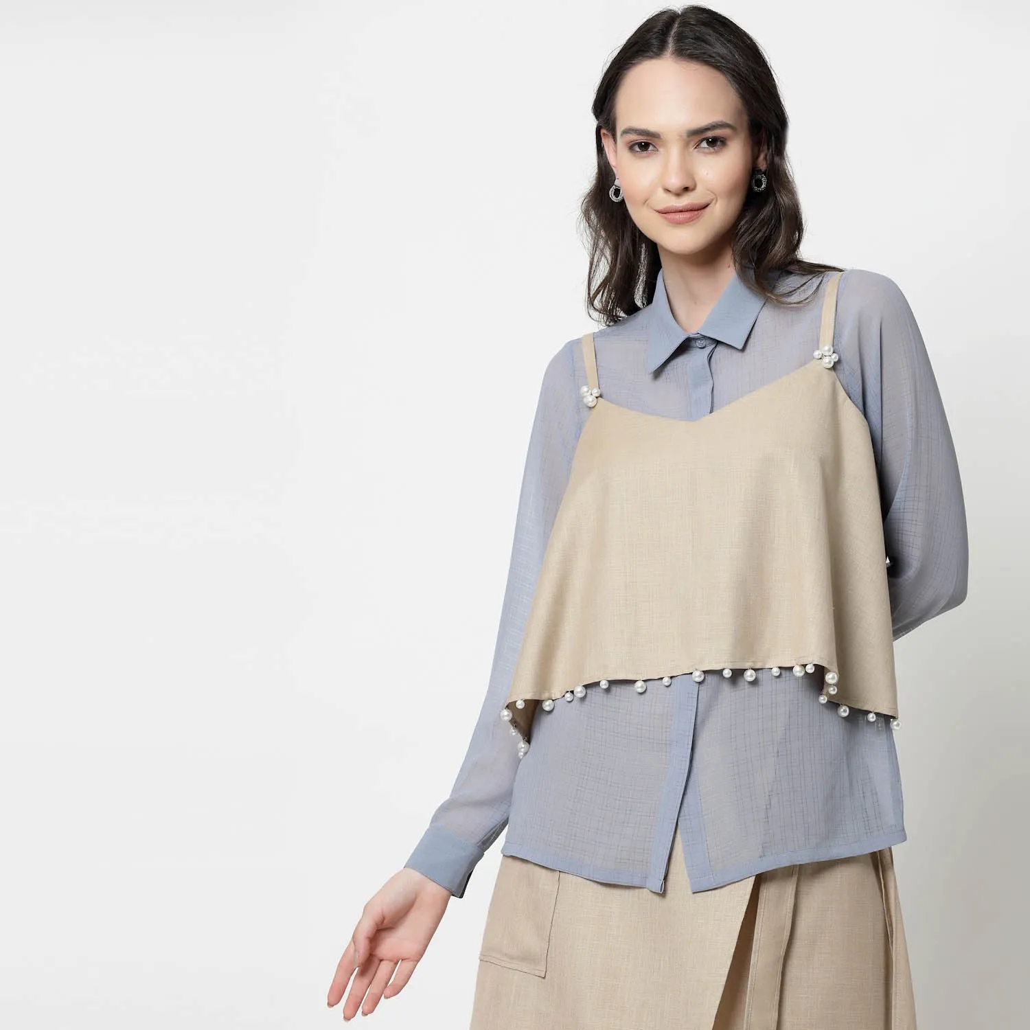 Blue Georgette Shirt With Pearl Embroidered Shrug