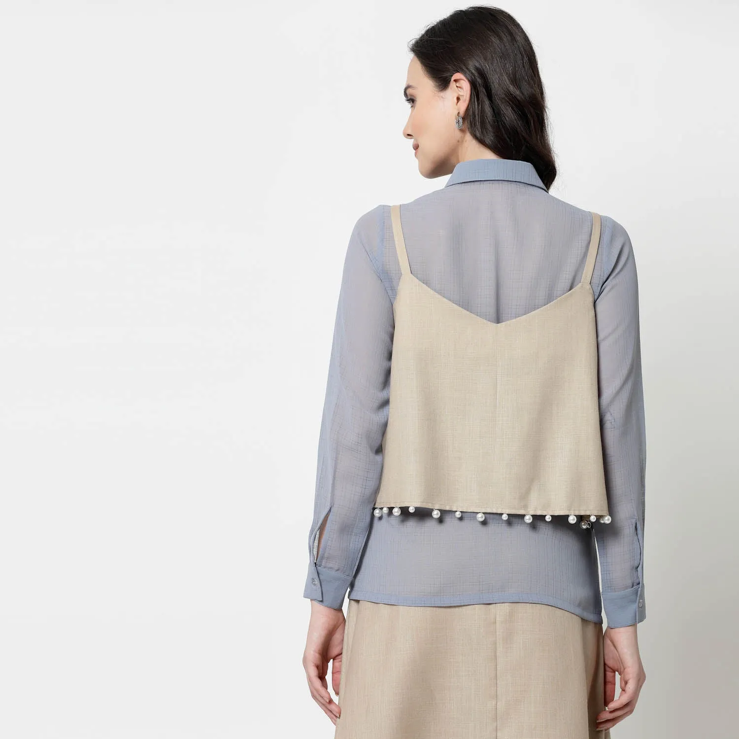 Blue Georgette Shirt With Pearl Embroidered Shrug