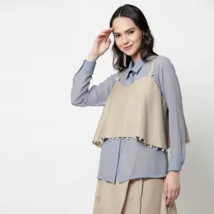 Blue Georgette Shirt With Pearl Embroidered Shrug