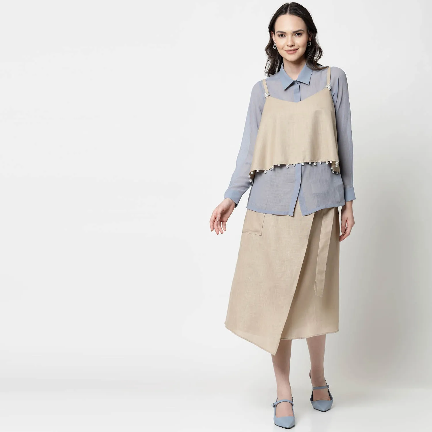 Blue Georgette Shirt With Pearl Embroidered Shrug