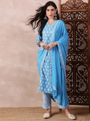 Blue Rayon Blend Floral Printed 3-Piece Kurta Set