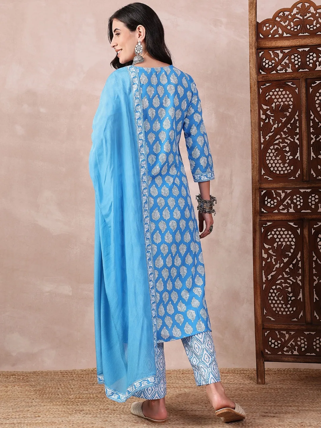 Blue Rayon Blend Floral Printed 3-Piece Kurta Set