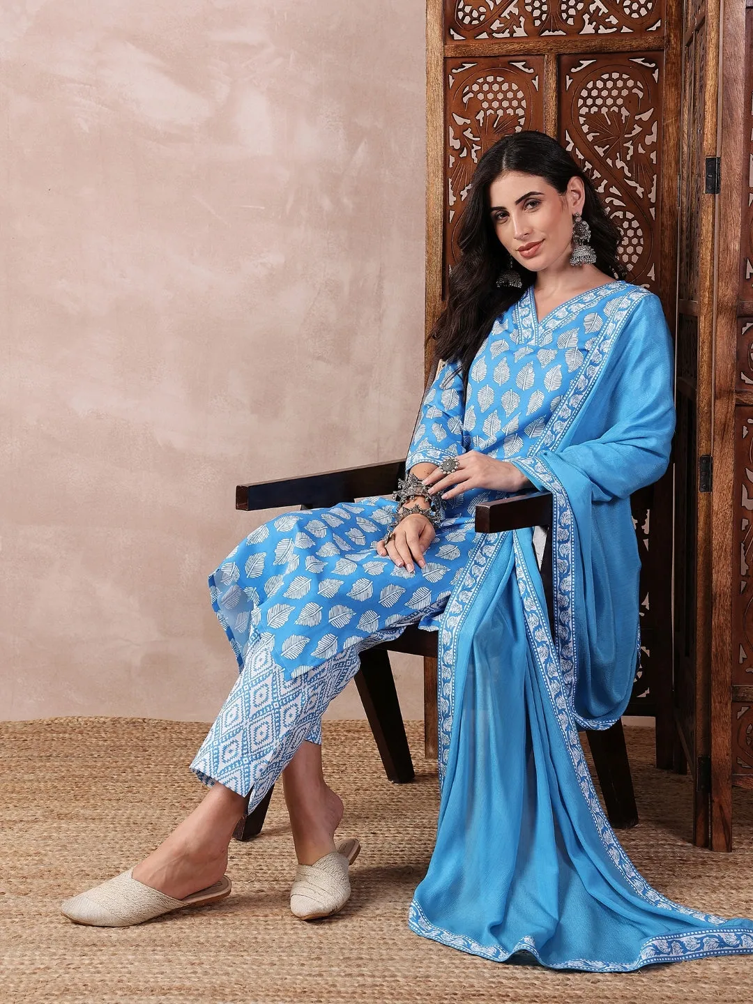 Blue Rayon Blend Floral Printed 3-Piece Kurta Set