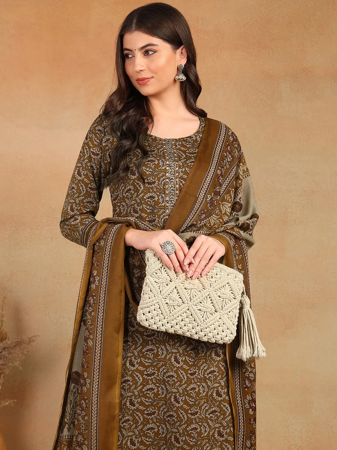 Brown Cotton Blend Ethnic Motifs Printed 3-Piece Kurta Set