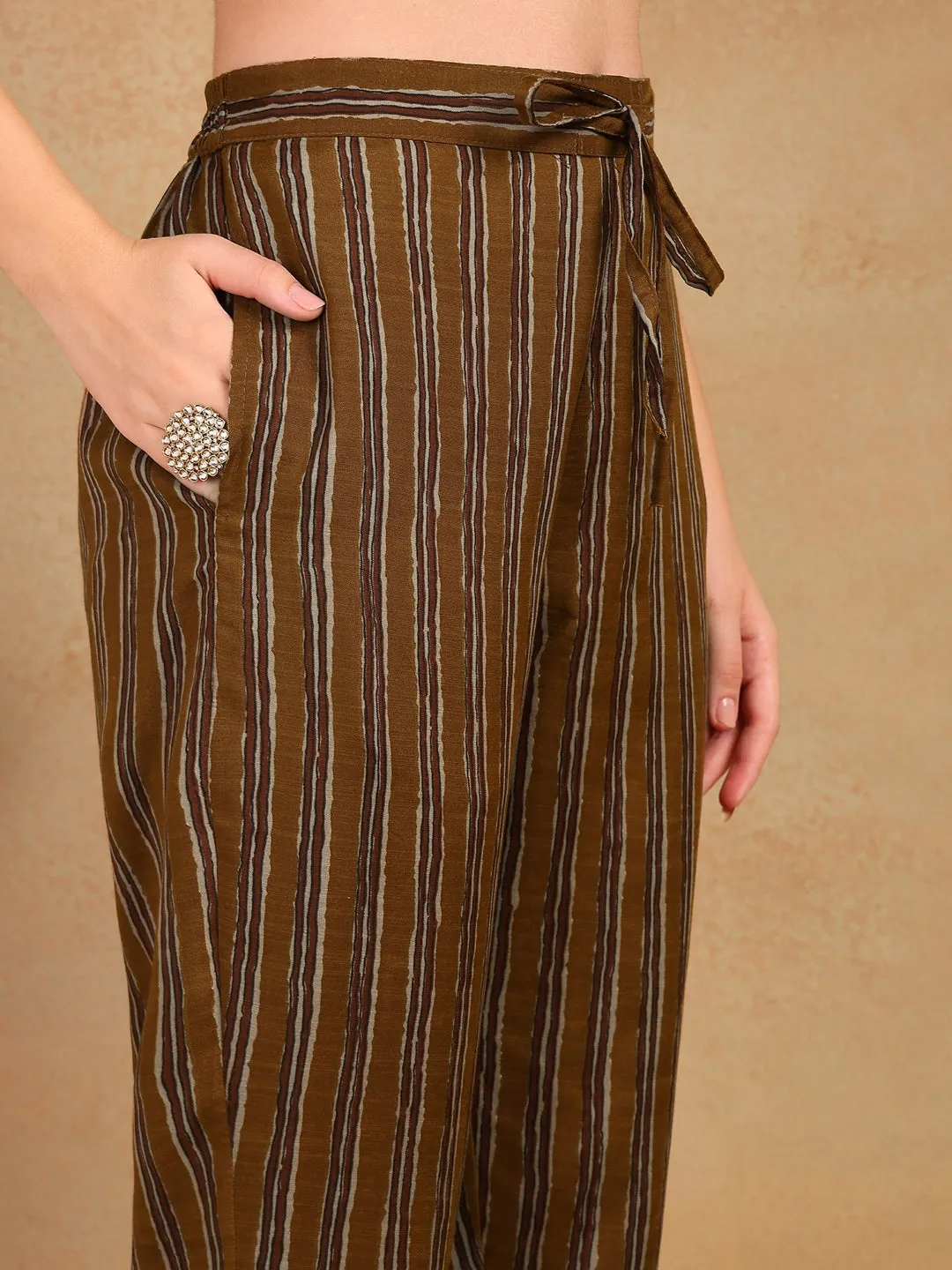 Brown Cotton Blend Ethnic Motifs Printed 3-Piece Kurta Set