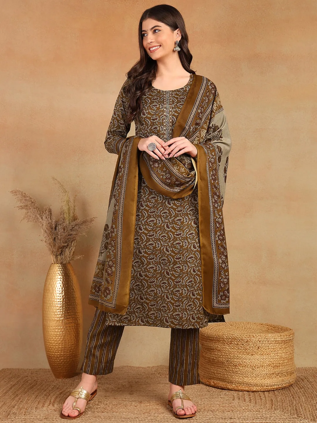 Brown Cotton Blend Ethnic Motifs Printed 3-Piece Kurta Set