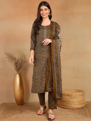 Brown Cotton Blend Ethnic Motifs Printed 3-Piece Kurta Set
