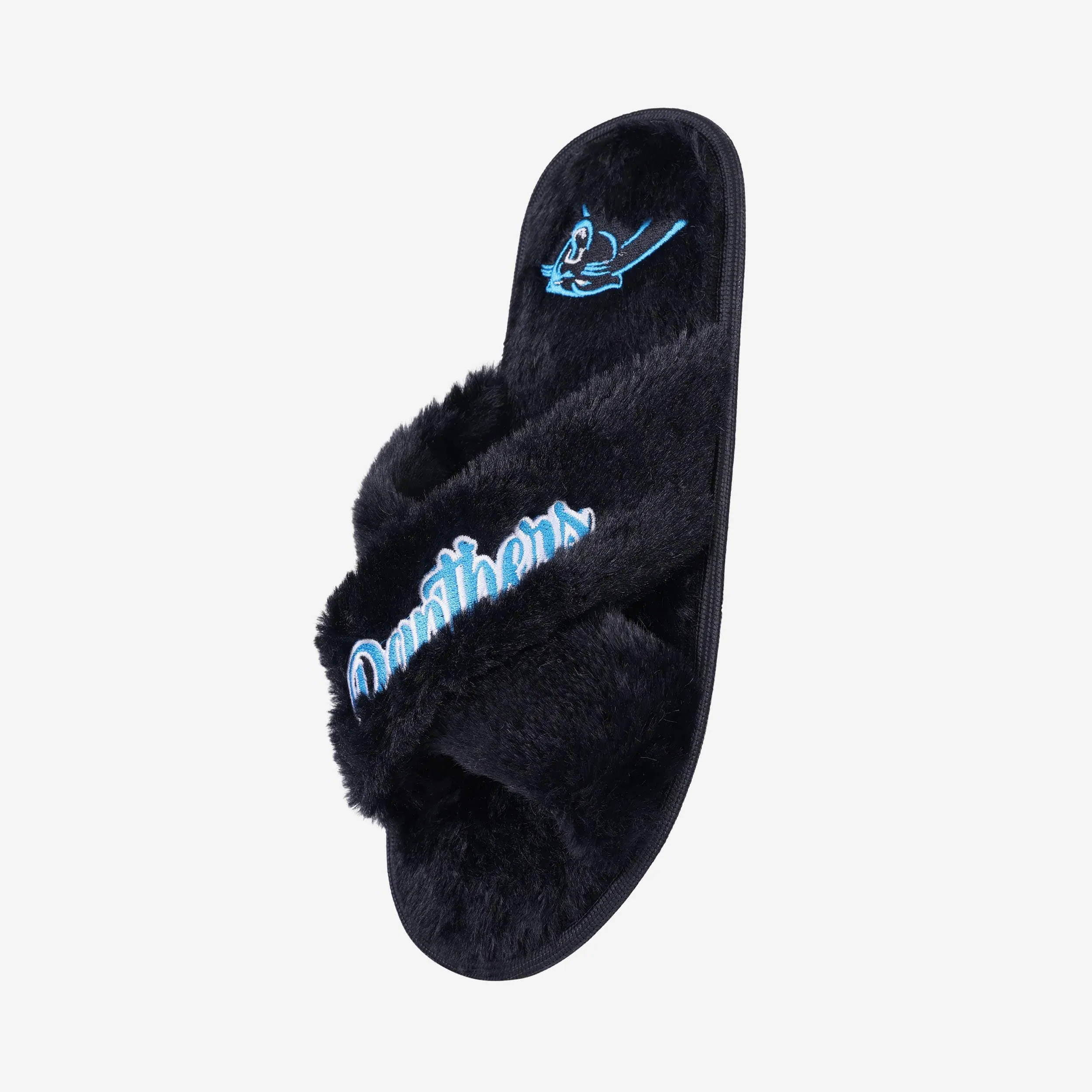 Carolina Panthers Womens Script Wordmark Fur Cross Slide