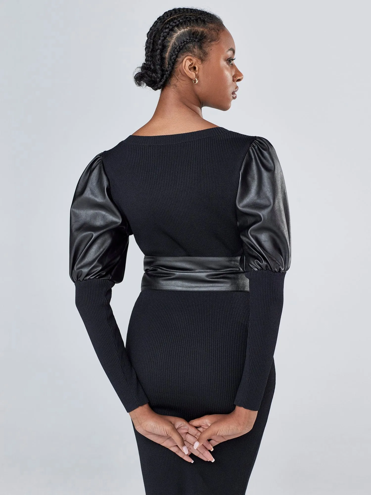 Faux-Leather Puff-Sleeve Sweater Dress