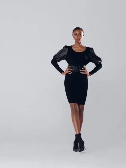 Faux-Leather Puff-Sleeve Sweater Dress