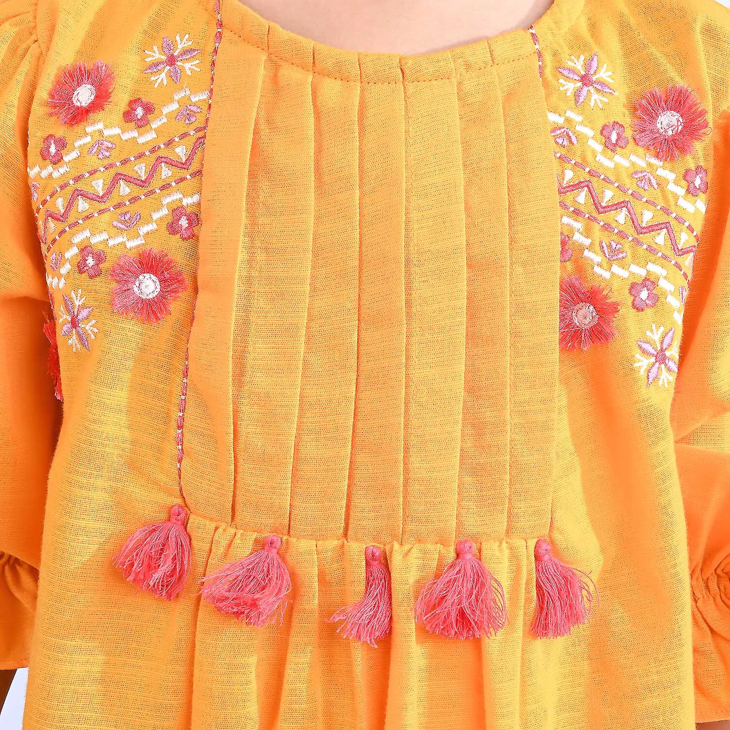 Girls Cotton Slub Emb Top Trible Motifs-Citrus