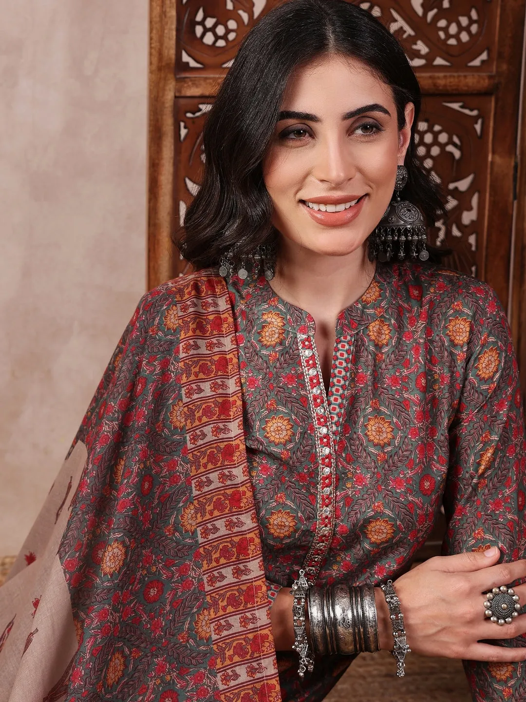 Green Poly Cotton Floral Printed 3-Piece Kurta Set