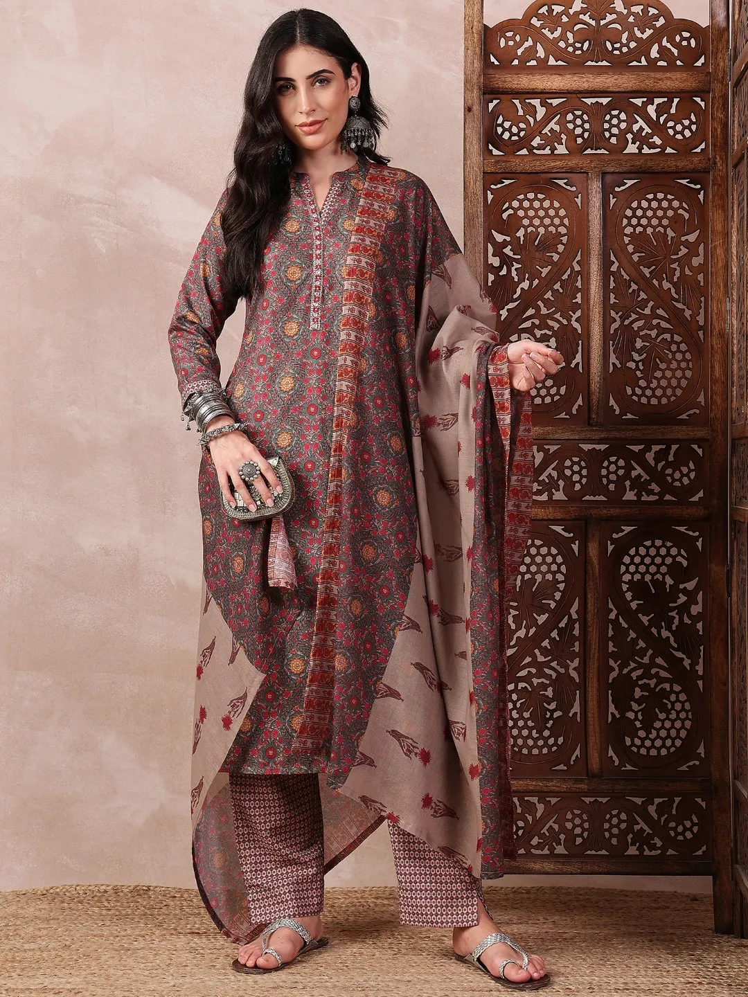 Green Poly Cotton Floral Printed 3-Piece Kurta Set