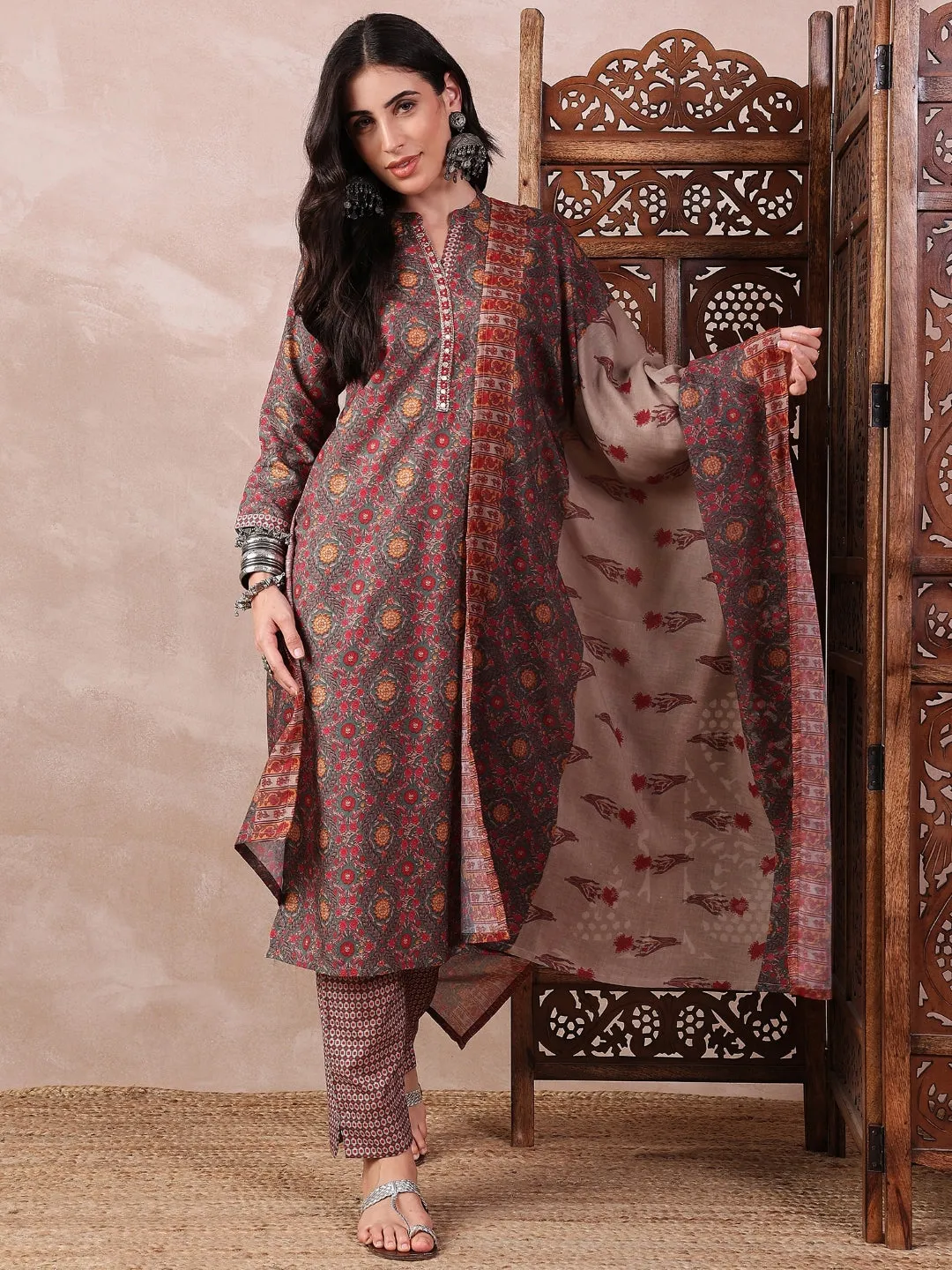 Green Poly Cotton Floral Printed 3-Piece Kurta Set