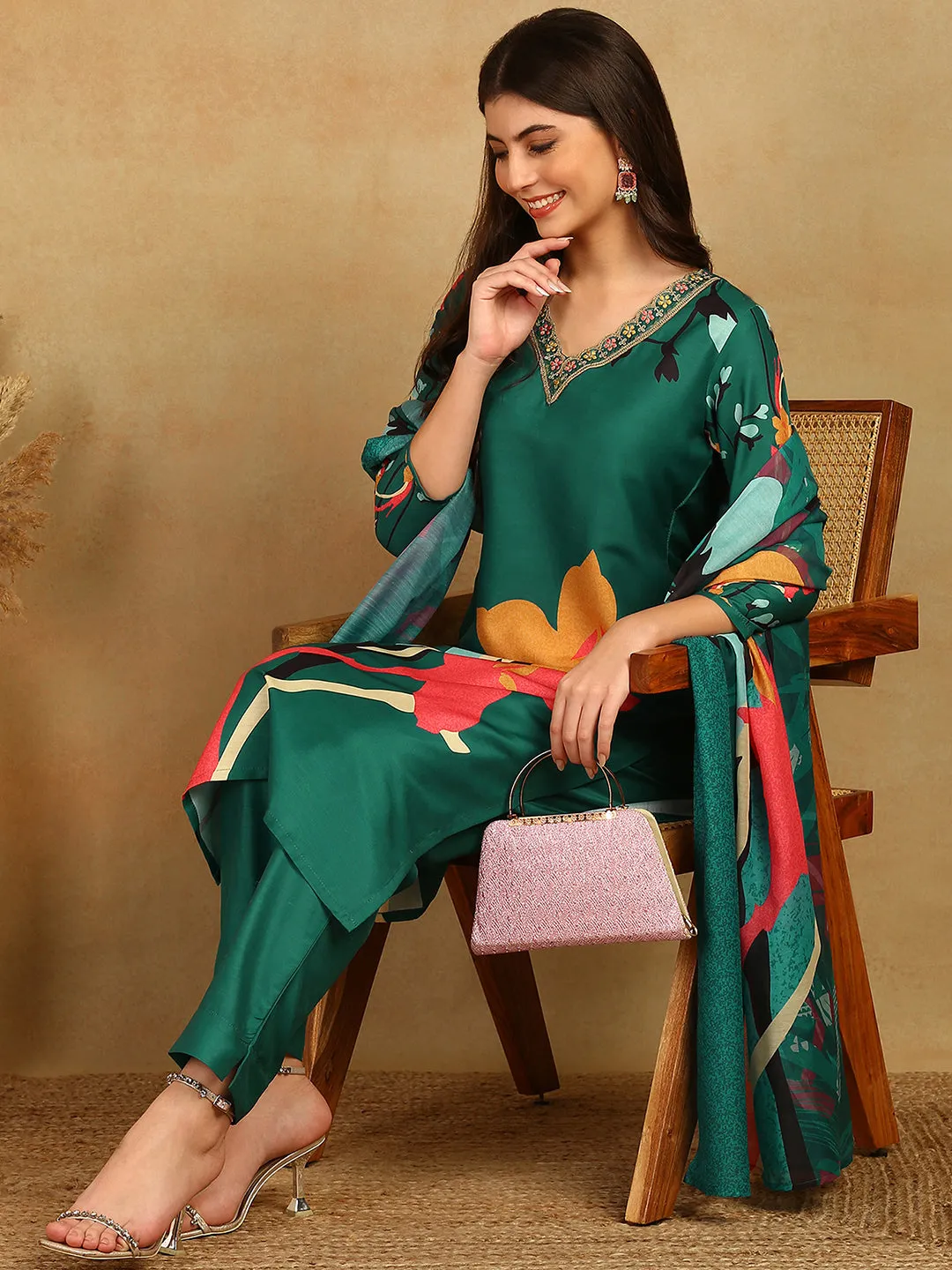 Green Silk Blend Floral Printed Kurta Trousers With Dupatta
