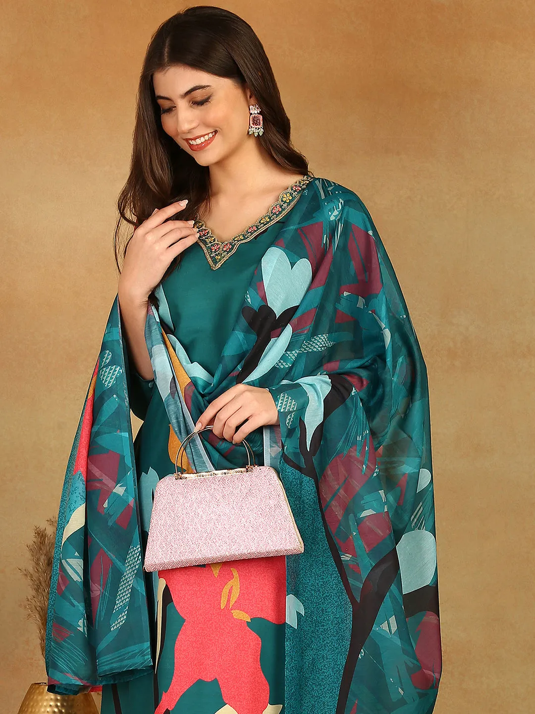 Green Silk Blend Floral Printed Kurta Trousers With Dupatta