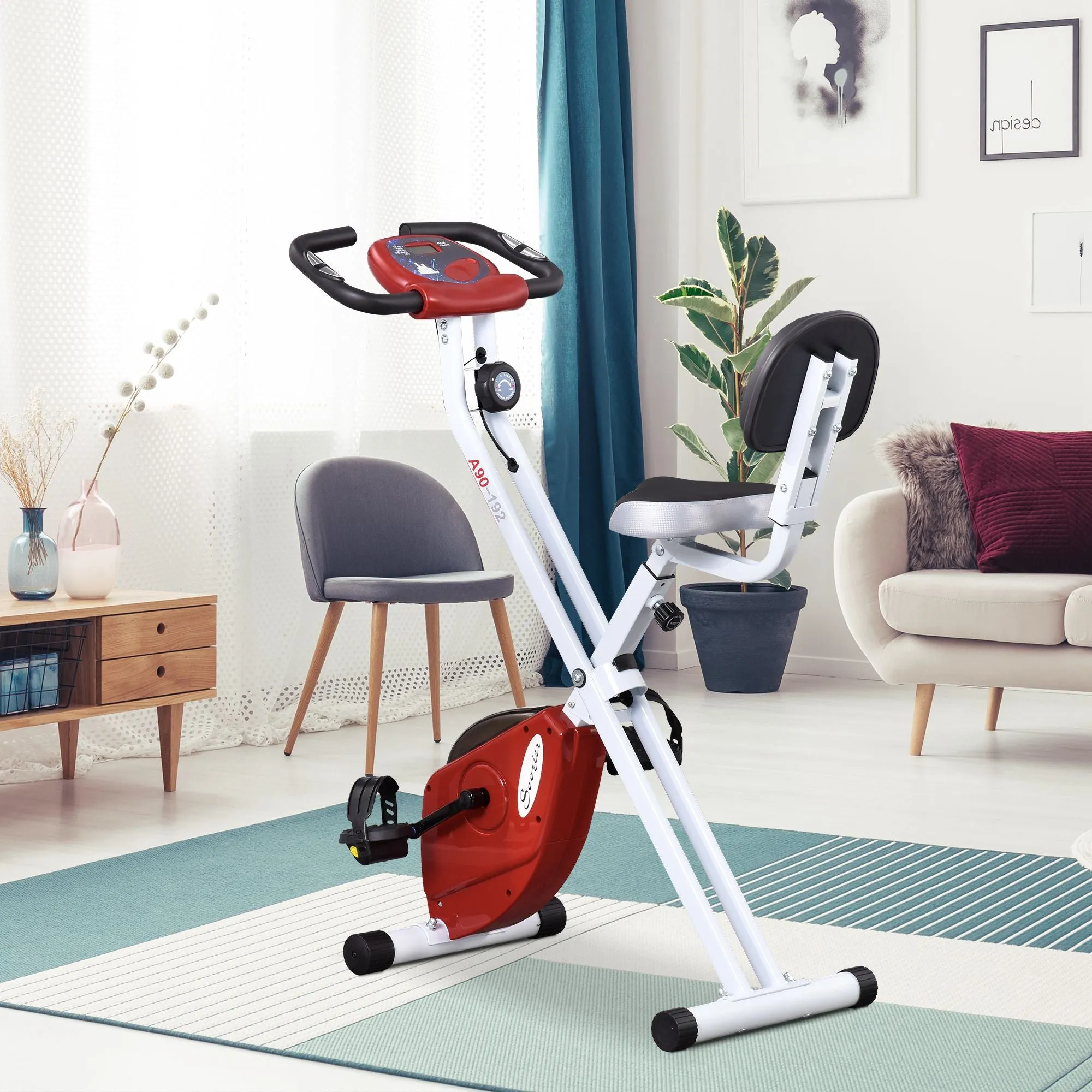 HOMCOM Exercise Bike Fitness Bicycle Indoor trainer Foldable 8-level Magnetic Resistance Adjustable w/LCD Monitor Pulse Sensor, Red