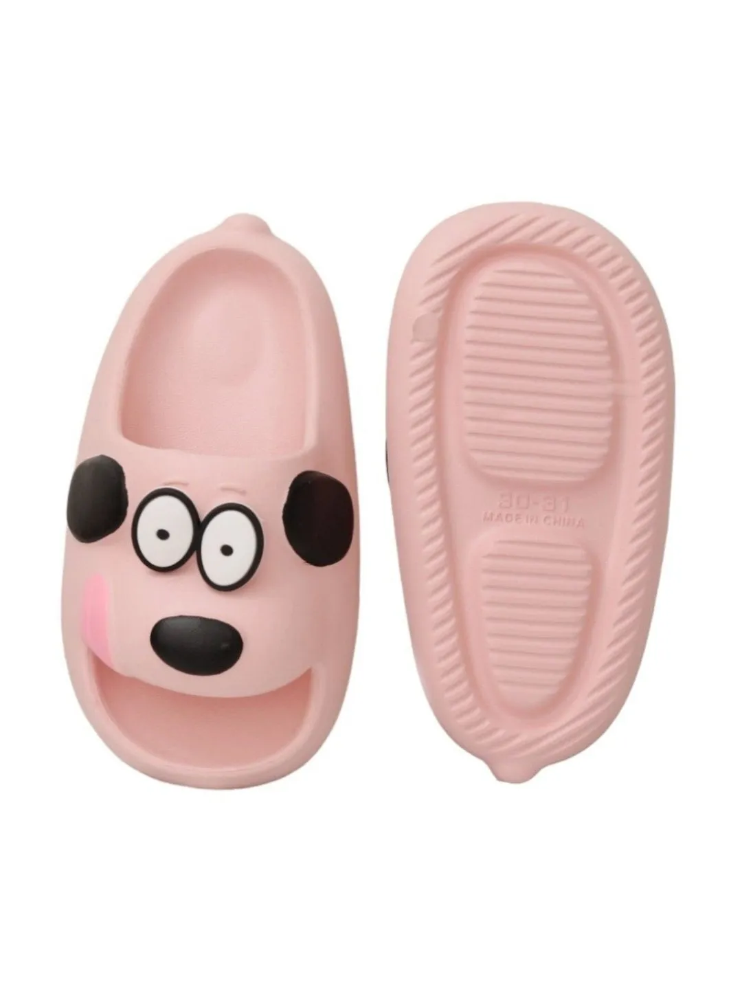 Kids' Sliders with Playful Puppy Face Print, Peach