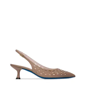 Laser-cut dark powder pink patent leather slingback pumps 