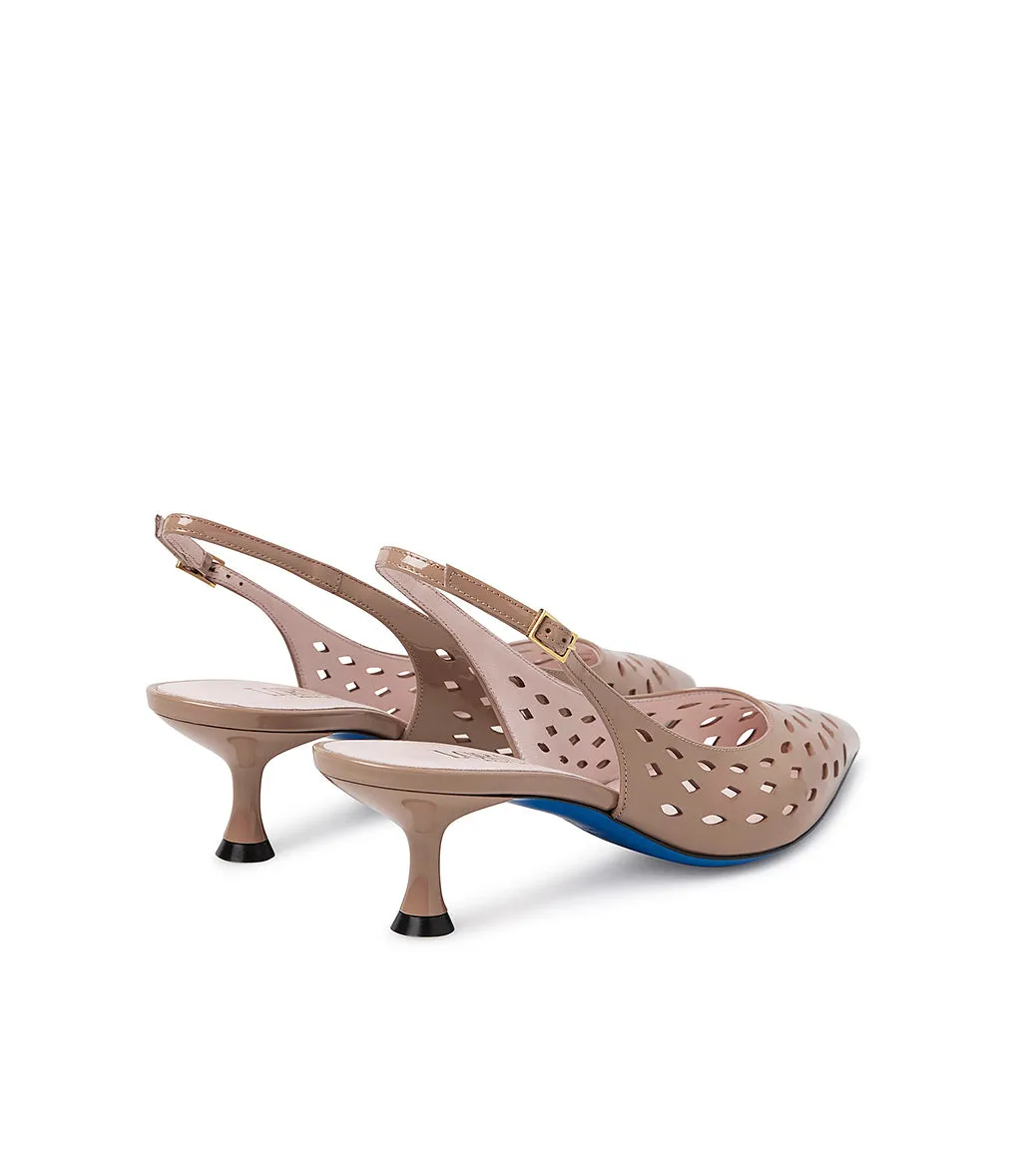 Laser-cut dark powder pink patent leather slingback pumps 