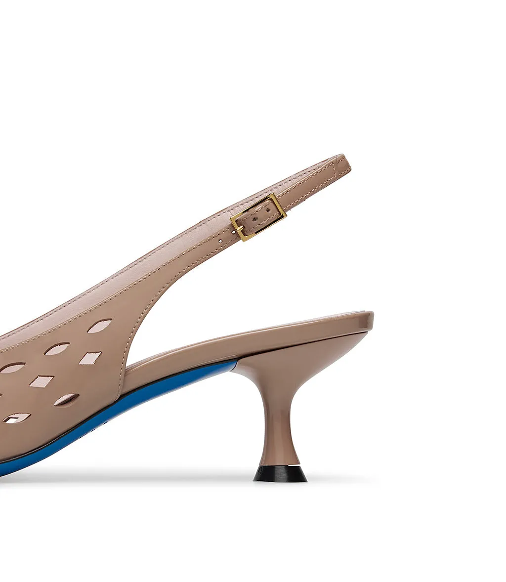 Laser-cut dark powder pink patent leather slingback pumps 