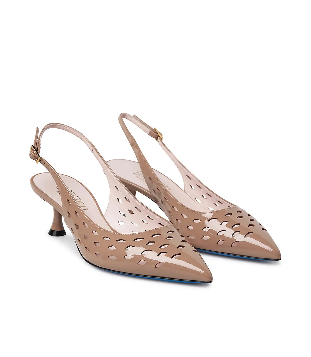 Laser-cut dark powder pink patent leather slingback pumps 