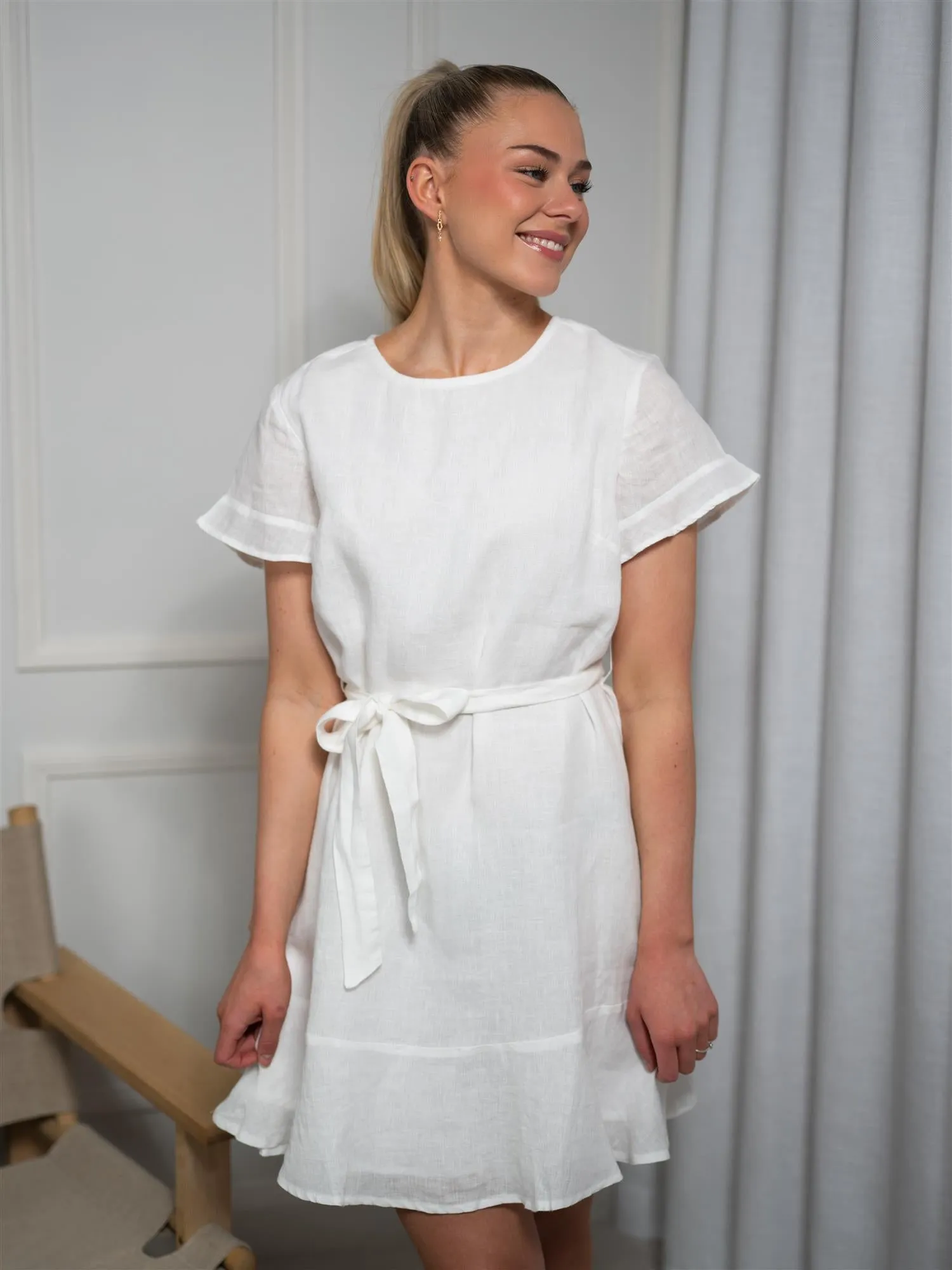 Lexington Belted Linen Dress White