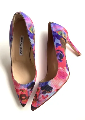 MANOLO BLAHNIK women's pink/purple floral print twill pointy toe pump 3" stiletto, size 7