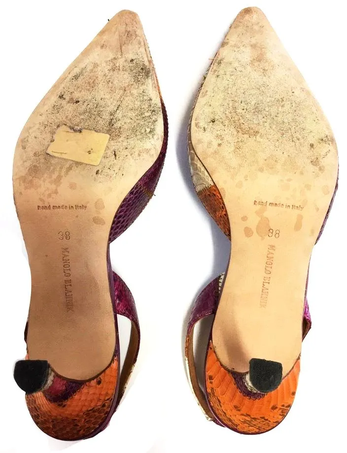 MANOLO BLANIK SNAKESKIN PATCHWORK SLINGBACK PUMPS SIZE 38