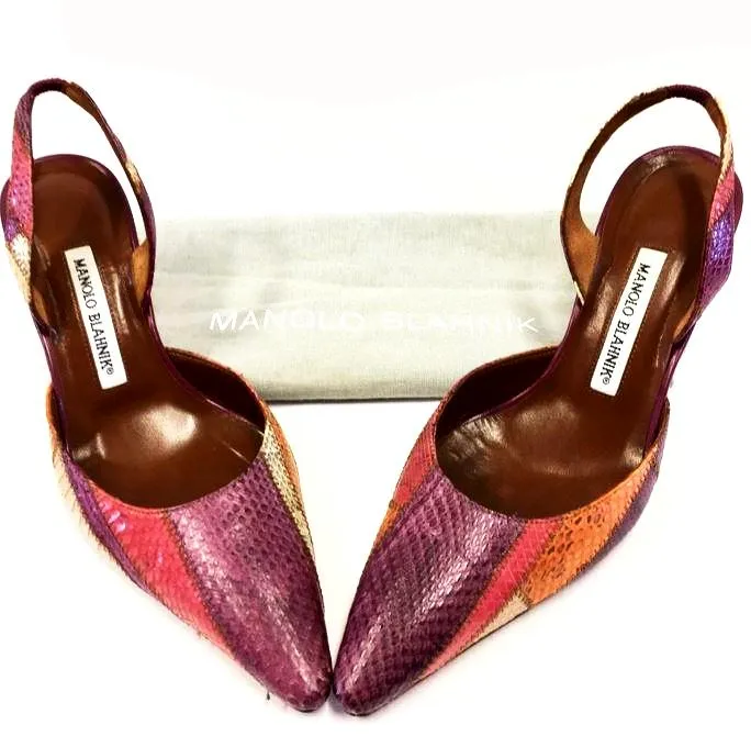 MANOLO BLANIK SNAKESKIN PATCHWORK SLINGBACK PUMPS SIZE 38
