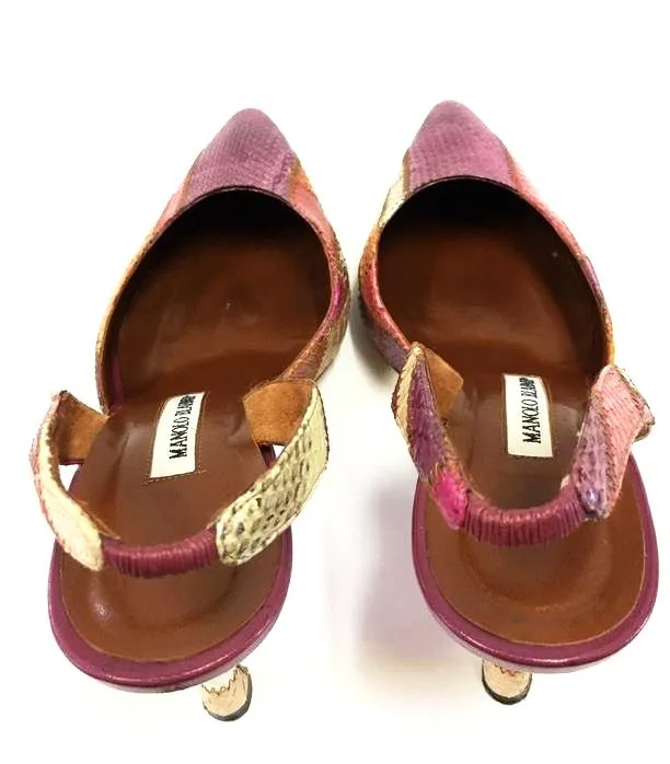 MANOLO BLANIK SNAKESKIN PATCHWORK SLINGBACK PUMPS SIZE 38