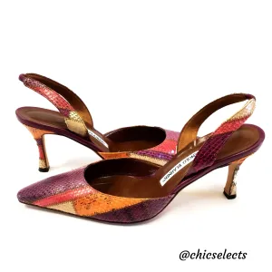 MANOLO BLANIK SNAKESKIN PATCHWORK SLINGBACK PUMPS SIZE 38