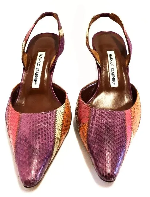 MANOLO BLANIK SNAKESKIN PATCHWORK SLINGBACK PUMPS SIZE 38
