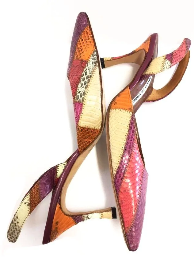 MANOLO BLANIK SNAKESKIN PATCHWORK SLINGBACK PUMPS SIZE 38