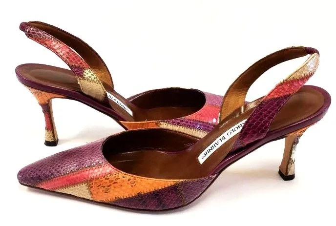 MANOLO BLANIK SNAKESKIN PATCHWORK SLINGBACK PUMPS SIZE 38