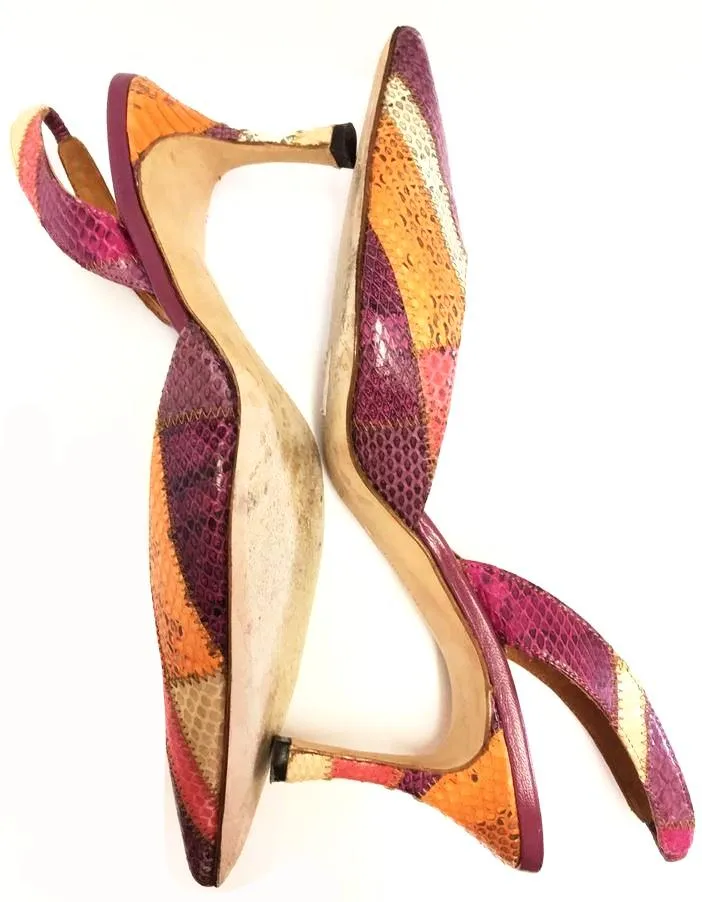 MANOLO BLANIK SNAKESKIN PATCHWORK SLINGBACK PUMPS SIZE 38