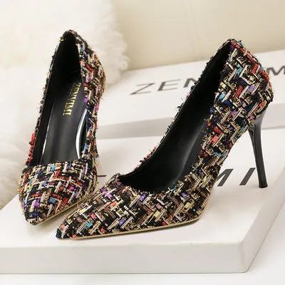 Mixed Colors Woolen Pumps Elegant Shallow High Heels